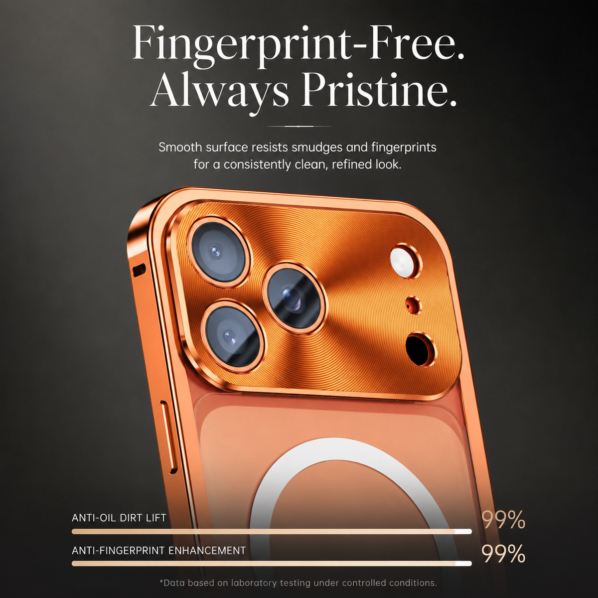 Close-up of an orange case’s reflective camera panel, three lenses and frosted back with a white magnetic ring. Text advertises resistance to fingerprints and dust accumulation.
