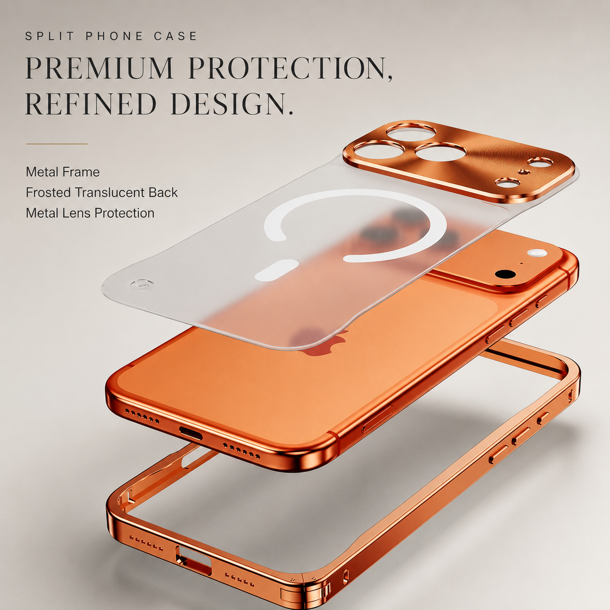 Exploded orange case diagram separates the camera panel, frosted rear panel with white magnetic ring, phone, and outer frame. Labels highlight metal construction and lens protection.