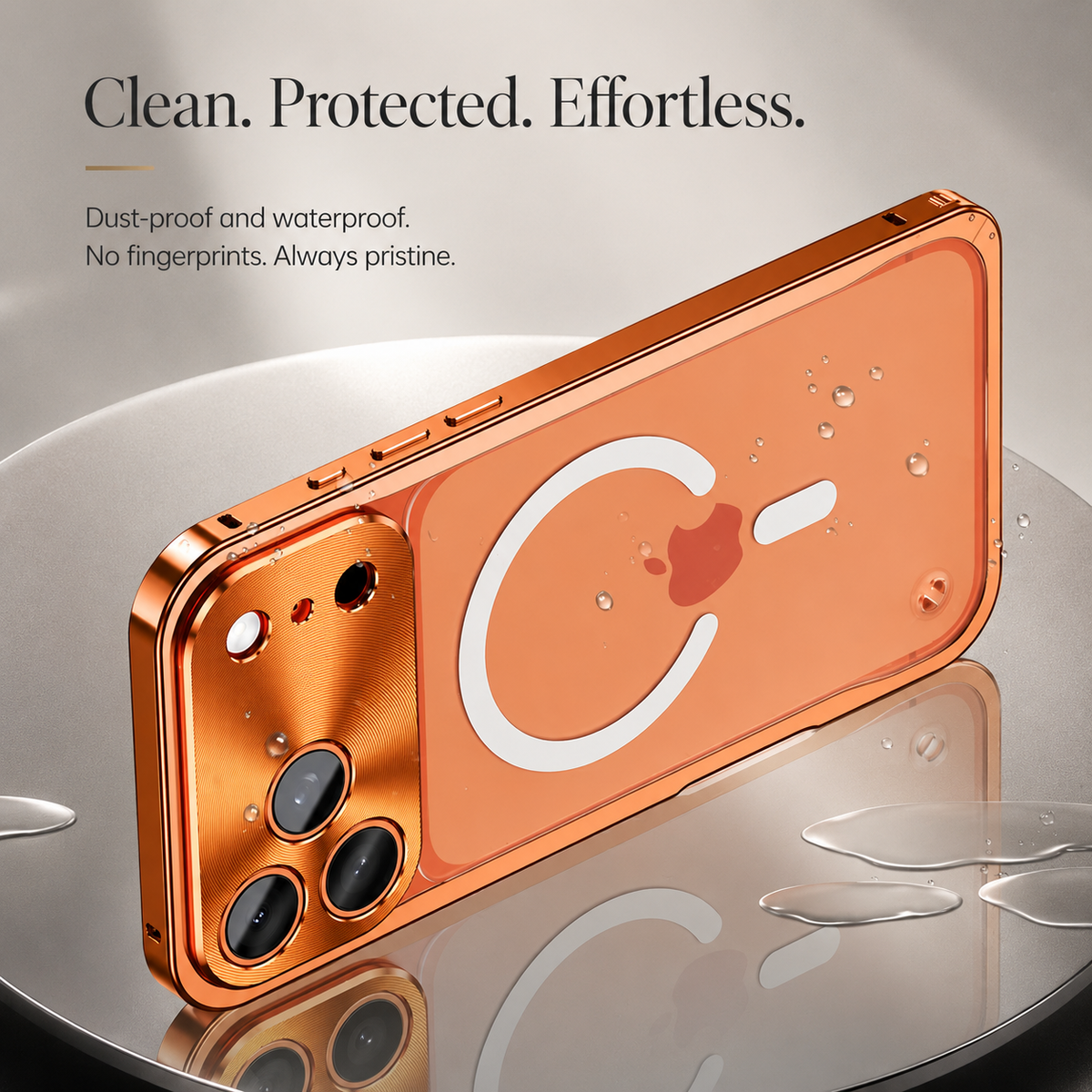 Orange-framed case rests on a wet reflective surface, with droplets across its back. Text advertises dust and water resistance and fingerprint prevention.