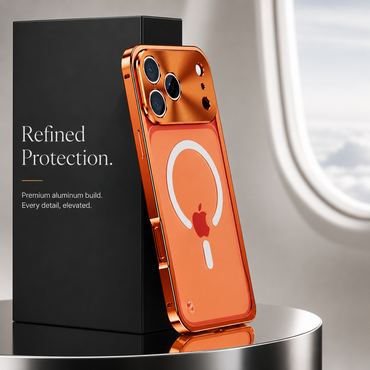 Orange-framed phone stands rear-forward against a dark block on a mirrored round table. Its frosted back has a white magnetic ring below a reflective camera panel.