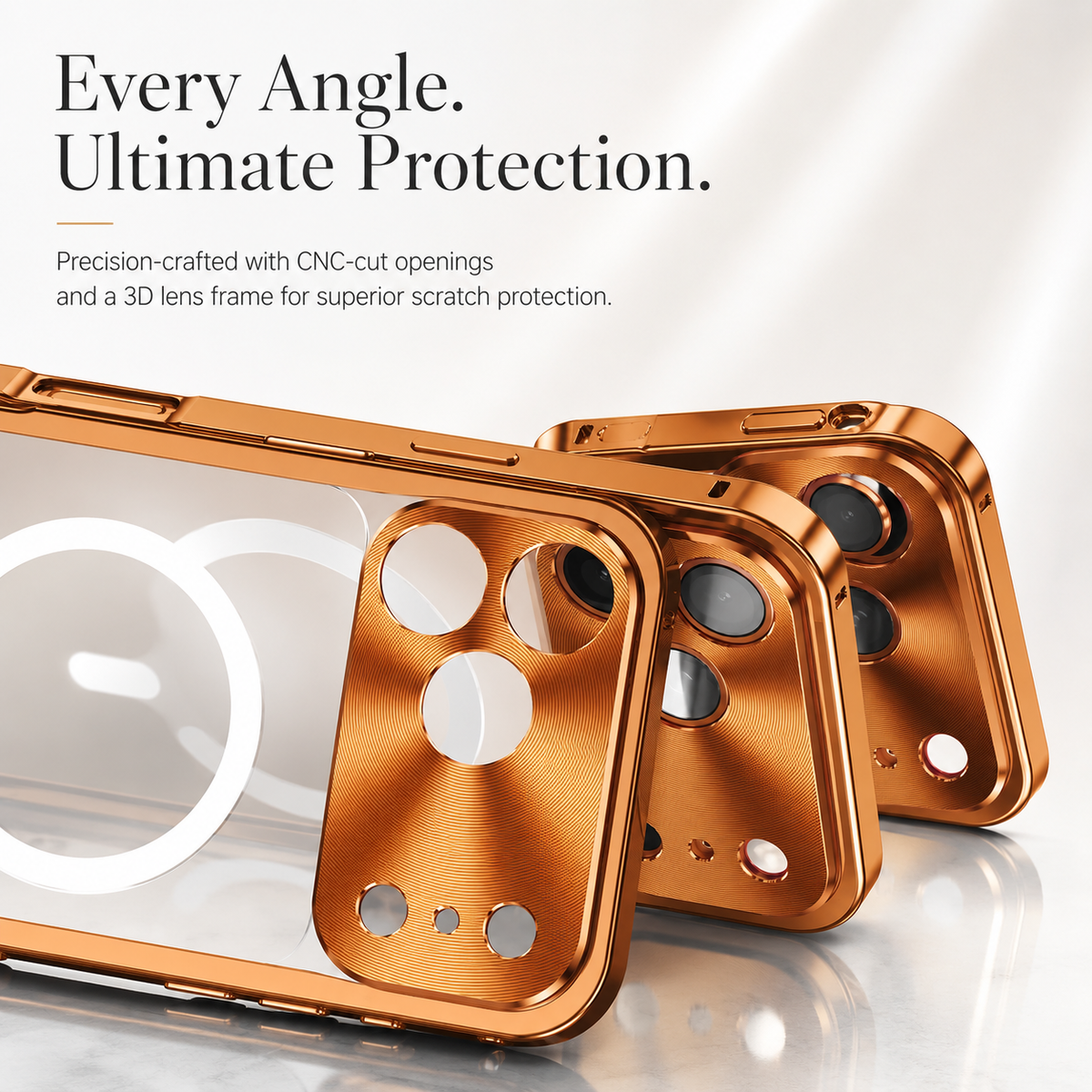 Close-up of overlapping orange case frames and camera panels shows individually sized camera and sensor openings. Text advertises machined cutouts and a raised lens frame.
