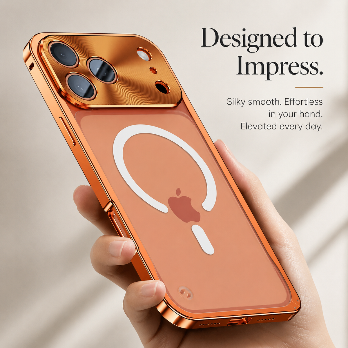Hand holds an orange-framed phone upright, showing a frosted back with white magnetic ring, reflective camera panel, and slim side buttons beside text highlighting smooth touch.