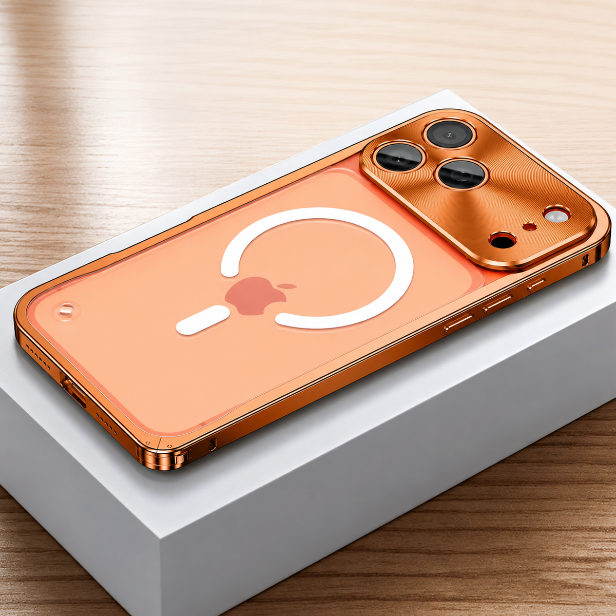 Orange framed case lies face down on a white box, showing a frosted transparent back with a white broken magnetic ring and alignment bar. A broad reflective camera panel surrounds three lenses.