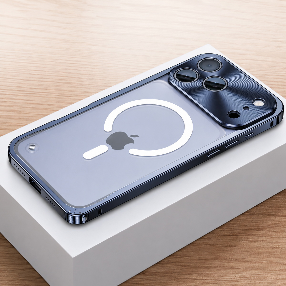 Blue framed case lies face down on a white box, showing a frosted transparent back with a white broken magnetic ring and alignment bar. A broad reflective camera panel surrounds three lenses.