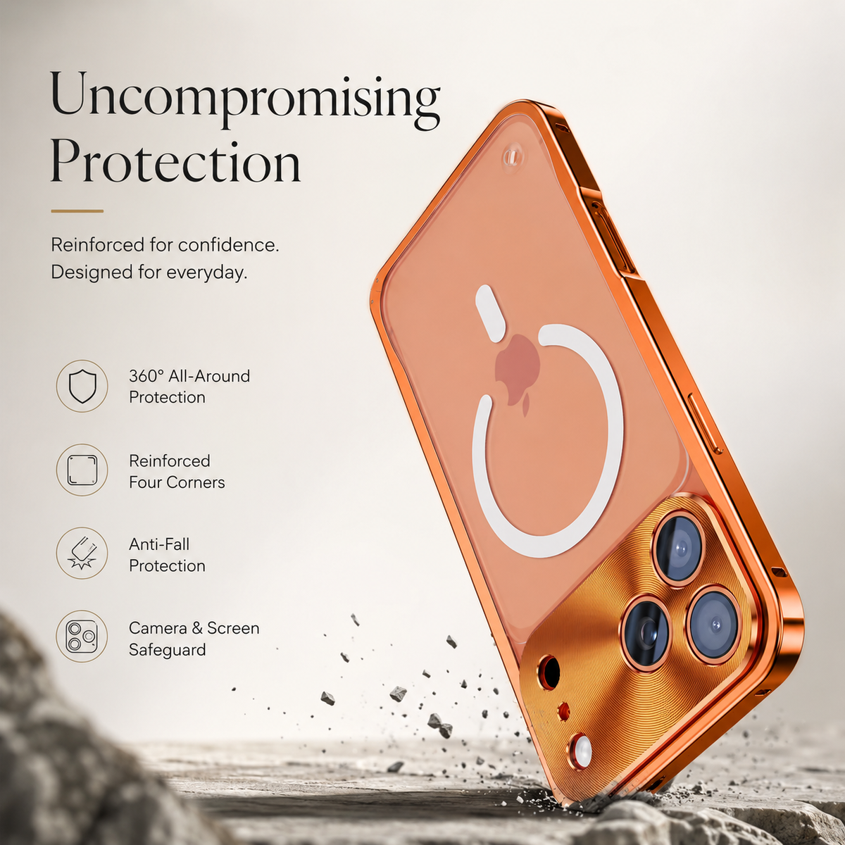 Orange-framed case illustrated striking a rough surface at its camera corner, with small debris flying around it. Text advertises reinforced corners and screen and camera protection.