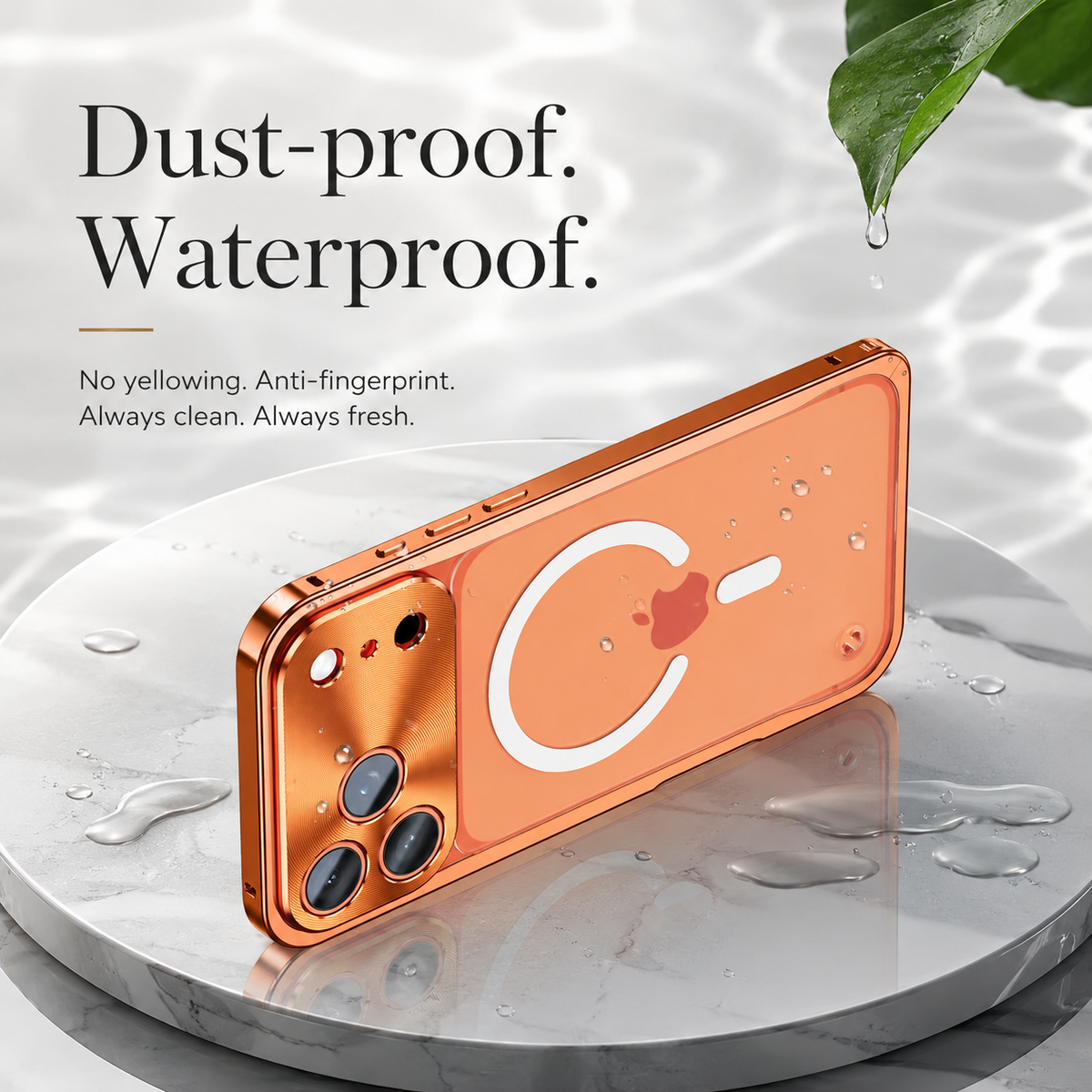 Orange-framed case rests horizontally on a wet marble platform beneath a leaf and water droplet. Promotional text claims resistance to dust, water, yellowing, and fingerprints.
