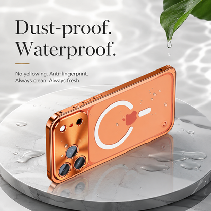 Orange-framed case rests horizontally on a wet marble platform beneath a leaf and water droplet. Promotional text claims resistance to dust, water, yellowing, and fingerprints.