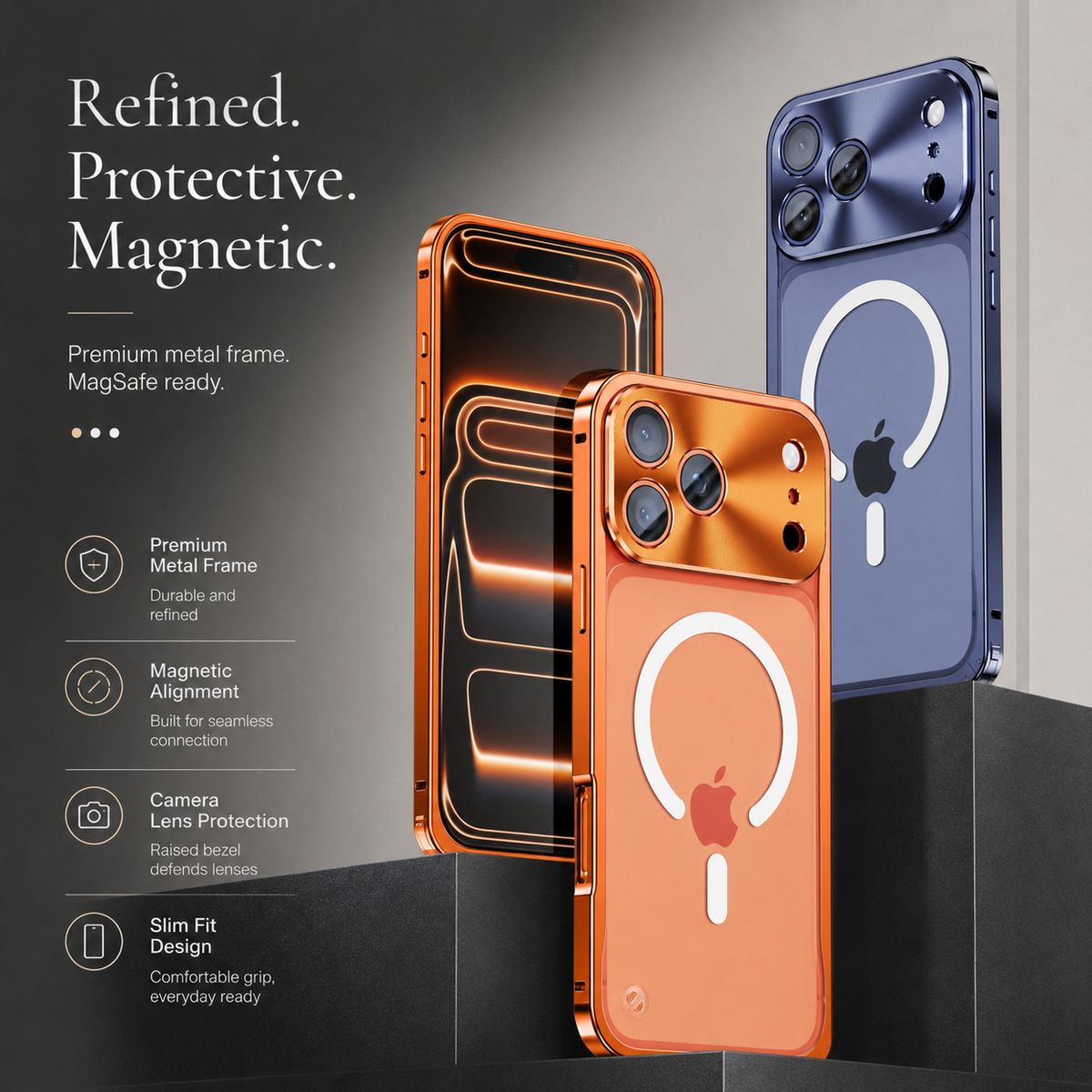 Orange and blue framed phones stand on dark display blocks, showing frosted backs and white magnetic rings. Text highlights metal frames, magnetic alignment, and lens protection.