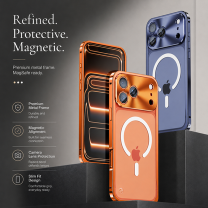Orange and blue framed phones stand on dark display blocks, showing frosted backs and white magnetic rings. Text highlights metal frames, magnetic alignment, and lens protection.