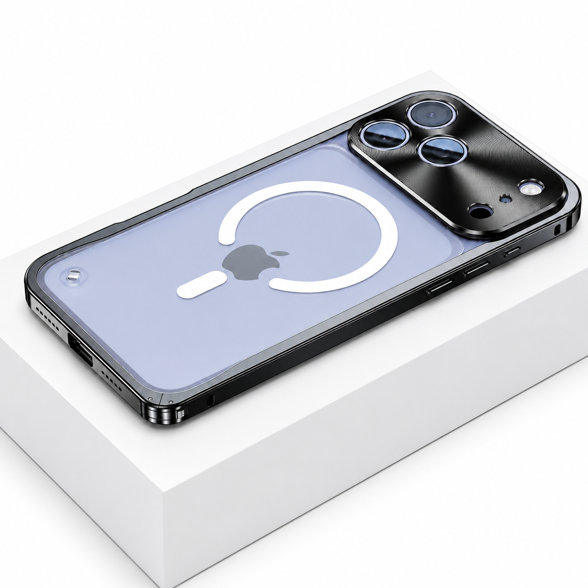 Black framed case lies face down on a white box, showing a frosted transparent back with a white broken magnetic ring and alignment bar. A broad reflective camera panel surrounds three lenses.