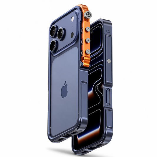 Front and rear views of a blue phone in a shiny frame float on white. An orange side rail with exposed screw-like studs runs beside the camera panel.