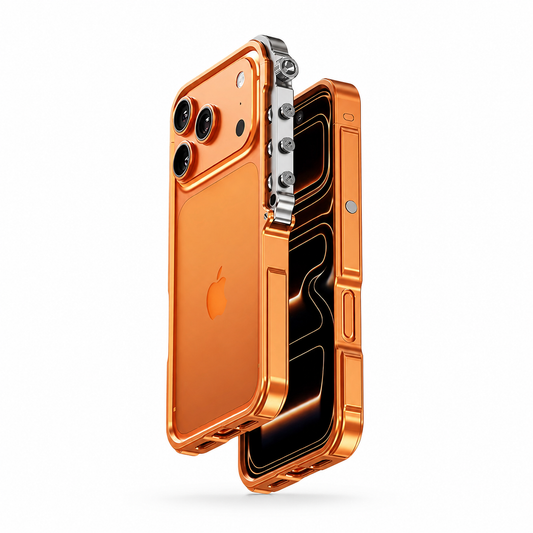 Front and rear views of an orange phone in a shiny frame float on white. A silver-colored side rail with exposed screw-like studs runs beside the camera panel.