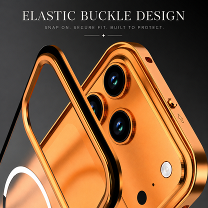 A close-up separates the orange back panel from the phone frame, highlighting a top clip near the camera. Text labels it an elastic buckle design.