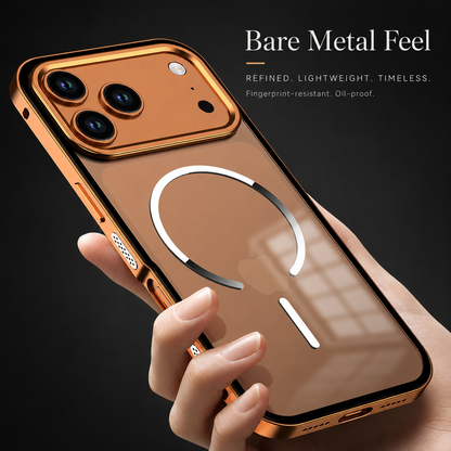A hand holds an orange case with a frosted translucent back and white circular magnetic marking. Text advertises a lightweight feel and resistance to fingerprints and oil.