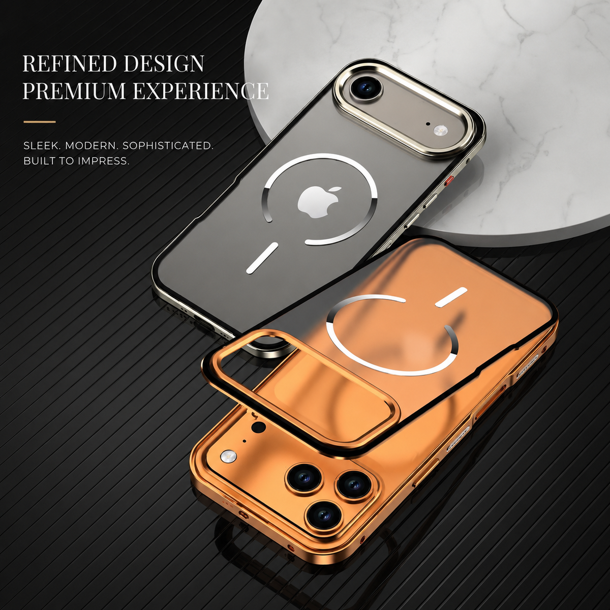 A gray case lies on marble above an orange case with its back panel separated. The frosted panels and white circular magnetic markings face upward.