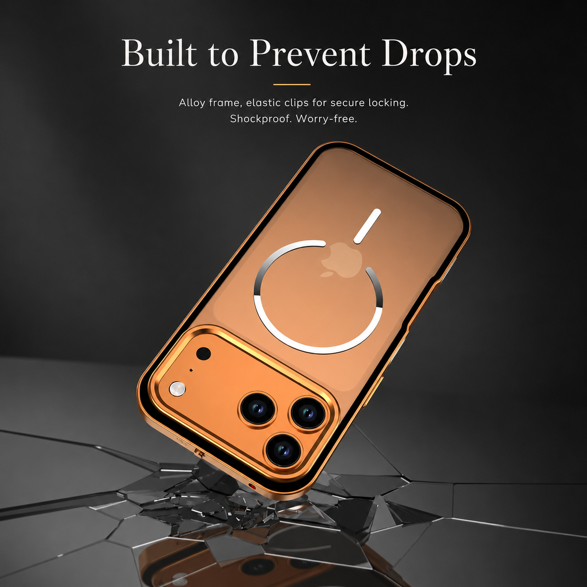An orange phone case is illustrated landing on cracked glass with fragments below it. Text advertises drop protection, an alloy frame and secure clips.
