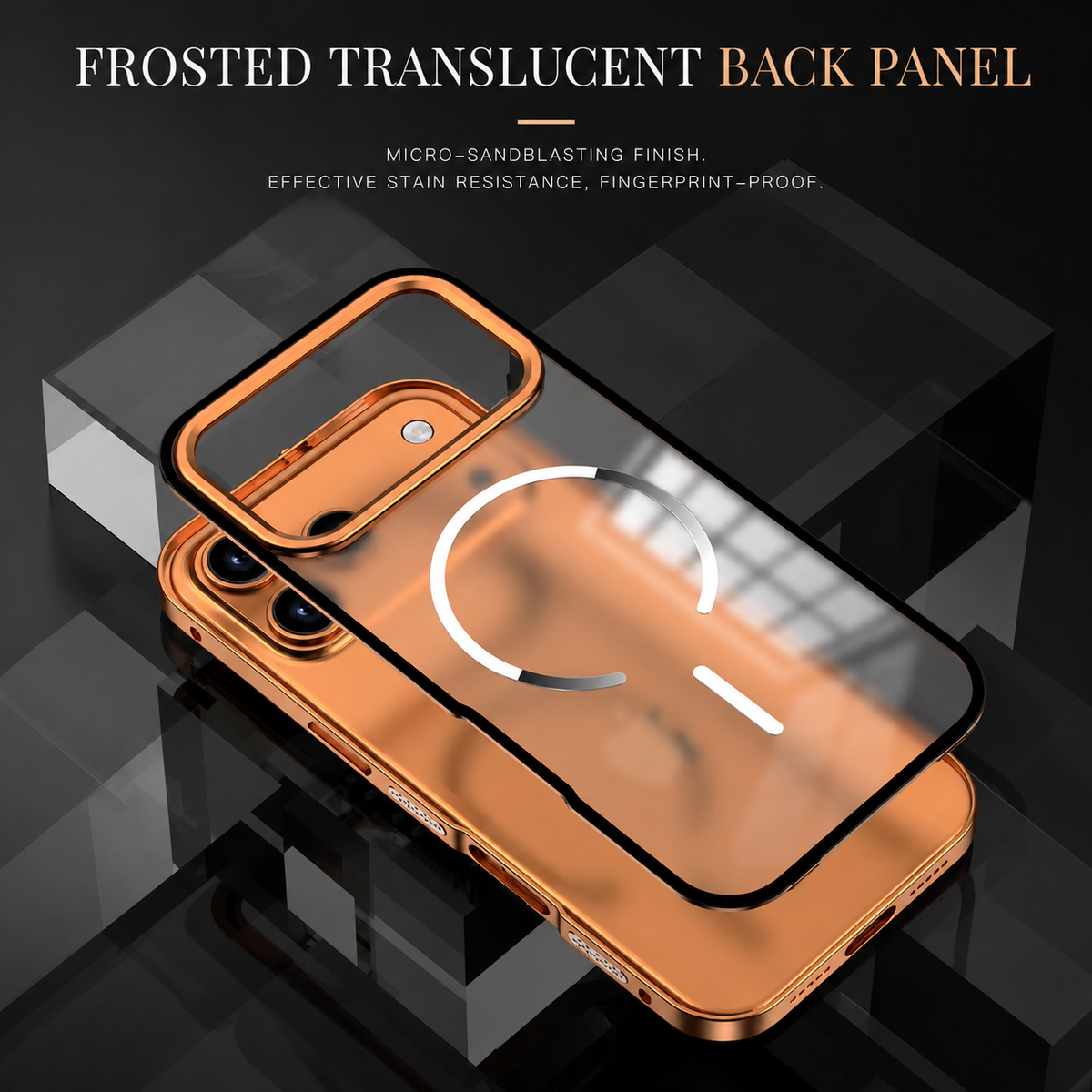 An exploded view separates the orange case's frosted translucent back panel from the phone. Text advertises a micro-sandblasted finish and resistance to stains and fingerprints.