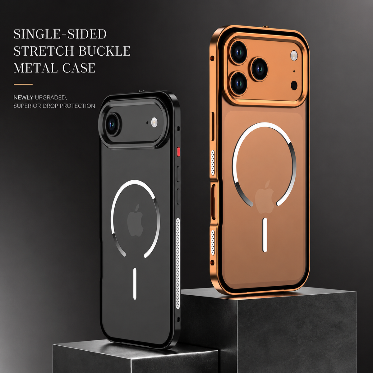 Black and orange phone cases stand on staggered gray pedestals, showing translucent backs and circular magnetic markings. Text describes a single-sided stretch-buckle metal case.