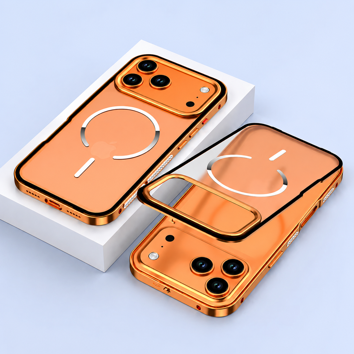An orange phone case lies on a white block beside a separated translucent back panel and matching phone, showing white circular magnetic markings.