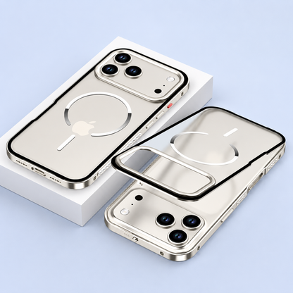 A cream phone case lies on a white block beside a separated translucent back panel and phone, showing white circular magnetic markings and shiny pale gold-colored trim.