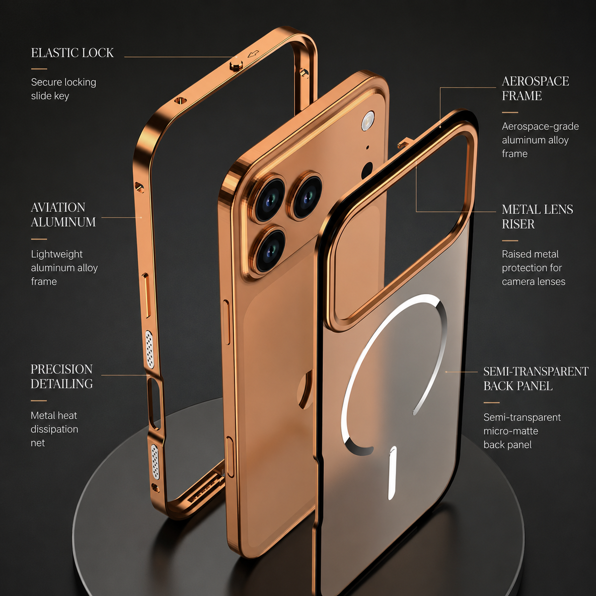 An exploded illustration separates an orange case frame, phone and frosted back panel. Callouts identify the locking clip, aluminum frame, raised camera border and translucent back.