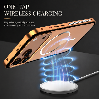 An orange phone case floats above a charging puck with blue illustrated magnetic lines between them. Text advertises MagSafe wireless charging and magnetic accessory attachment.