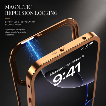 A close-up shows the orange back panel approaching its frame with blue illustrated attachment lines. Text advertises magnetic locking and easy installation.
