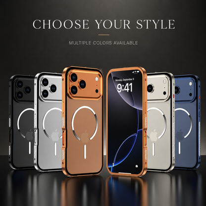 Black, silver-colored, orange, cream and blue phone cases stand in a row with a front-screen view. Text invites choosing among multiple colors.