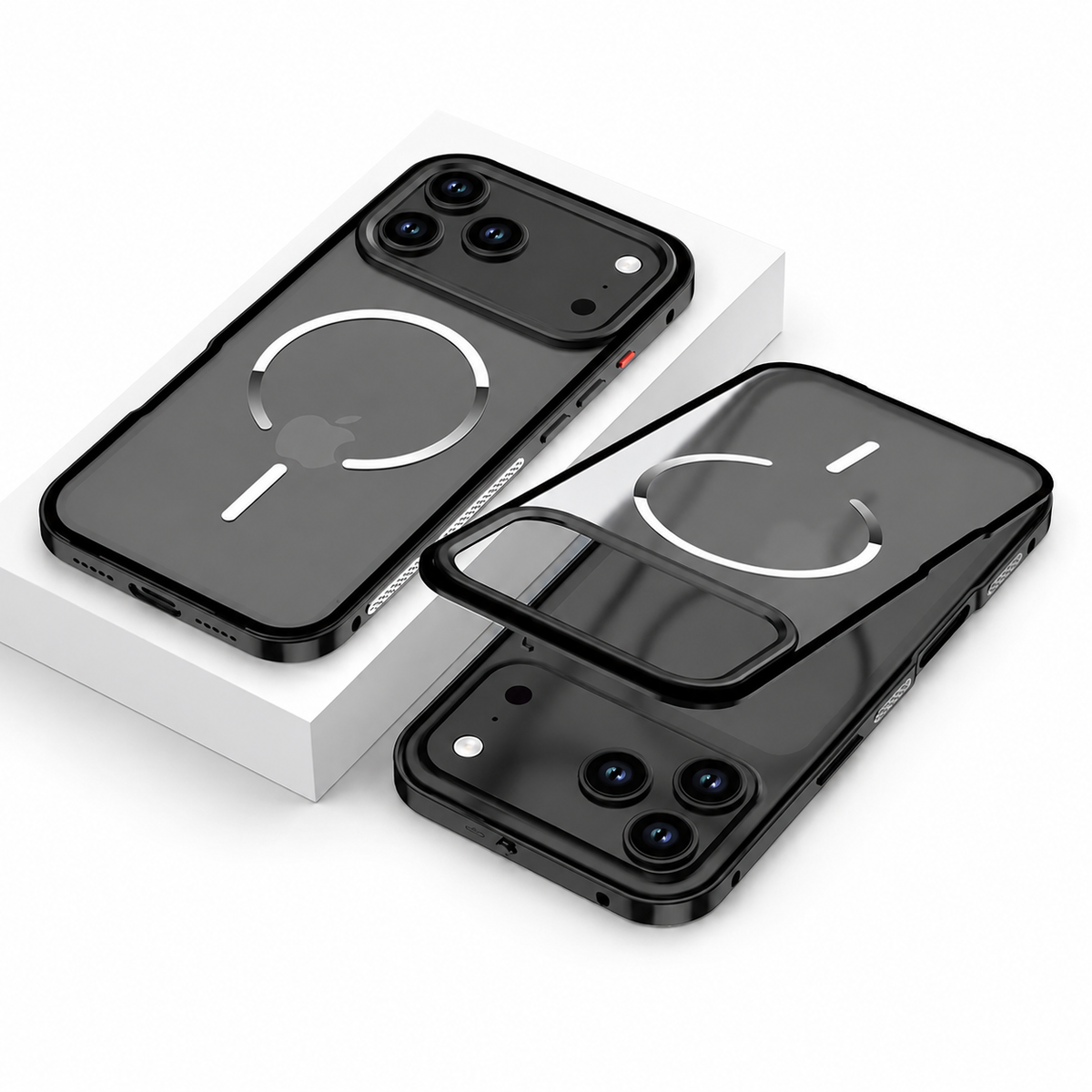 A black phone case lies on a white block beside a separated translucent back panel and phone. White circular magnetic markings appear on the frosted backs.