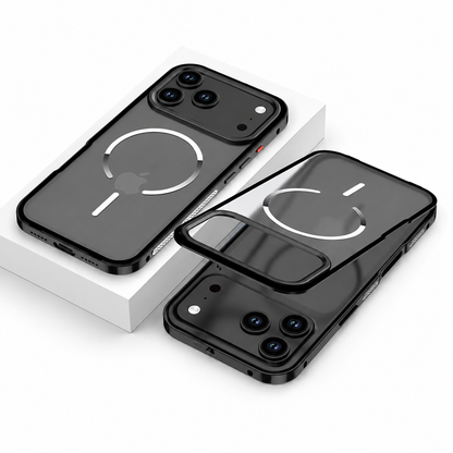 A black phone case lies on a white block beside a separated translucent back panel and phone. White circular magnetic markings appear on the frosted backs.