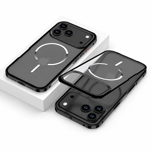 A black phone case lies on a white block beside a separated translucent back panel and phone. White circular magnetic markings appear on the frosted backs.
