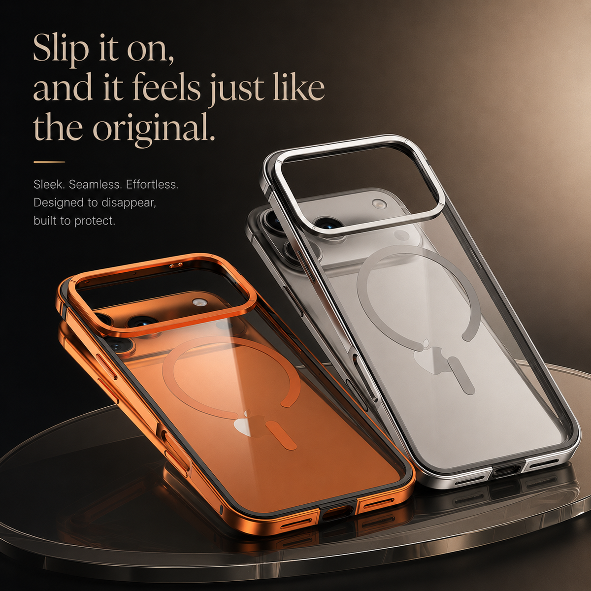 Orange and silver-colored clear-backed cases rest on a dark round platform, showing wide camera openings and circular magnetic markings. Text advertises a close-fitting feel.
