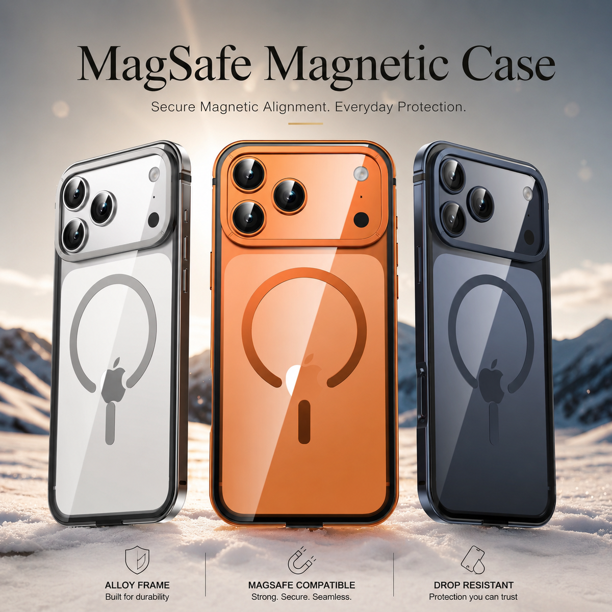 Silver-colored, orange and blue clear-backed cases stand against snowy mountains. Text advertises MagSafe compatibility, alloy frames and drop resistance.