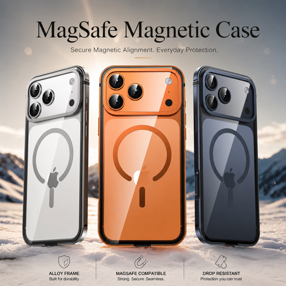 Silver-colored, orange and blue clear-backed cases stand against snowy mountains. Text advertises MagSafe compatibility, alloy frames and drop resistance.
