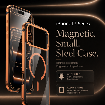 An orange clear-backed case stands beside a front-screen view against glowing lines. Text lists iPhone 17 series and advertises transparency and an alloy frame.
