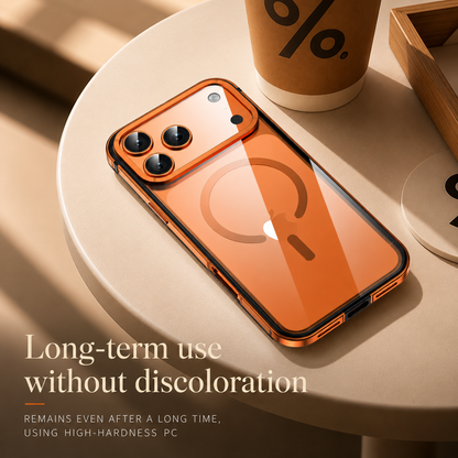 An orange clear-backed phone case lies on a cream round table beside a paper cup. Text advertises long-term use without discoloration.
