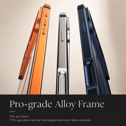 Close side views of orange, silver-colored and blue cases show their narrow frames and button openings. Text labels the alloy frame as thin as 0.2 millimeters.