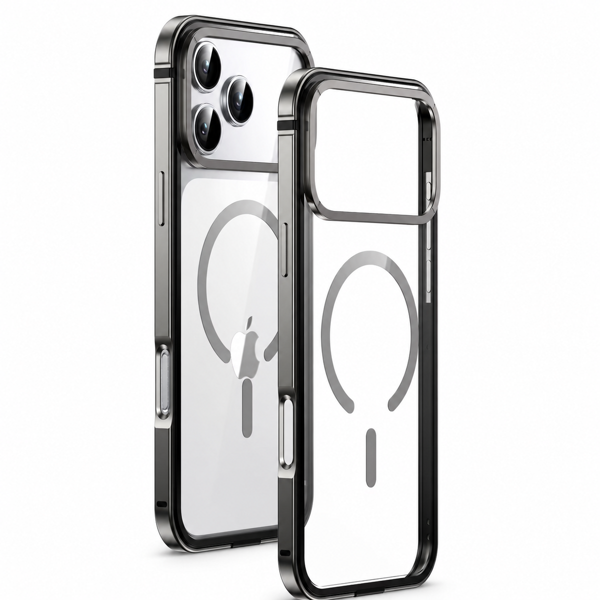 A silver-colored phone in a clear-backed case stands beside an empty matching case on white, showing dark frame trim and a circular magnetic marking.