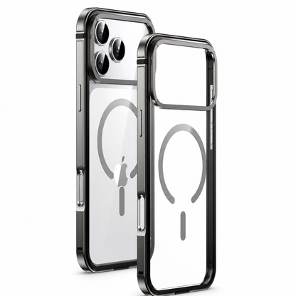 A silver-colored phone in a clear-backed case stands beside an empty matching case on white, showing dark frame trim and a circular magnetic marking.