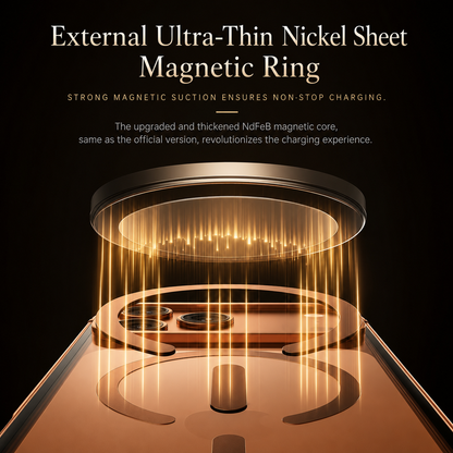 An enlarged illustration shows glowing magnetic layers above the orange case's circular ring. Text describes an ultra-thin nickel sheet and an upgraded magnetic core.