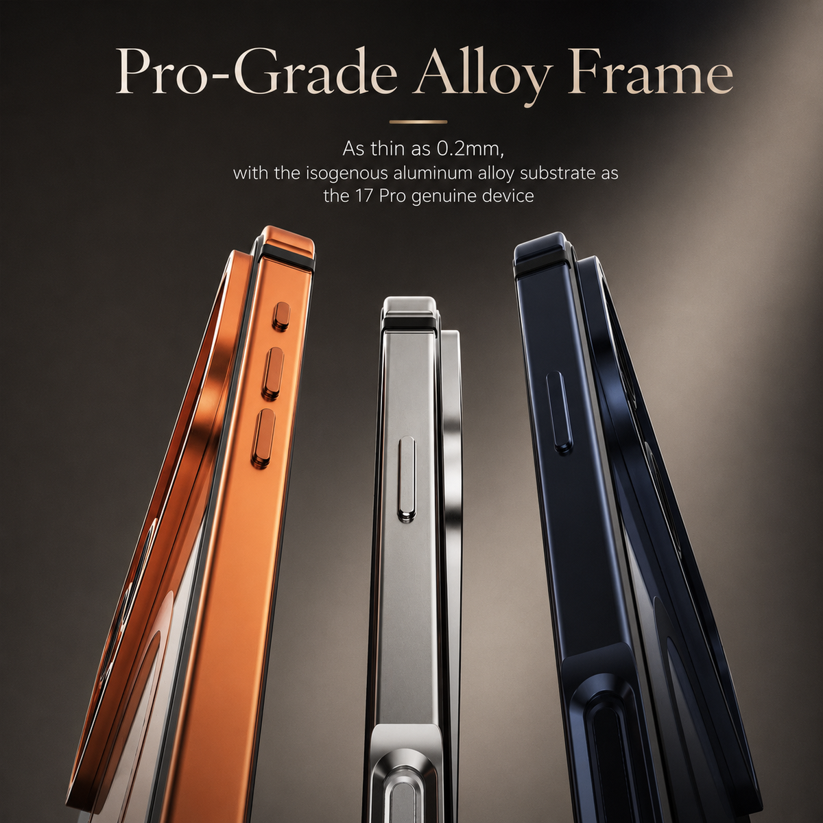 Close side views of orange, silver-colored and blue cases show their slim frames and side openings. Text advertises an alloy frame as thin as 0.2 millimeters.