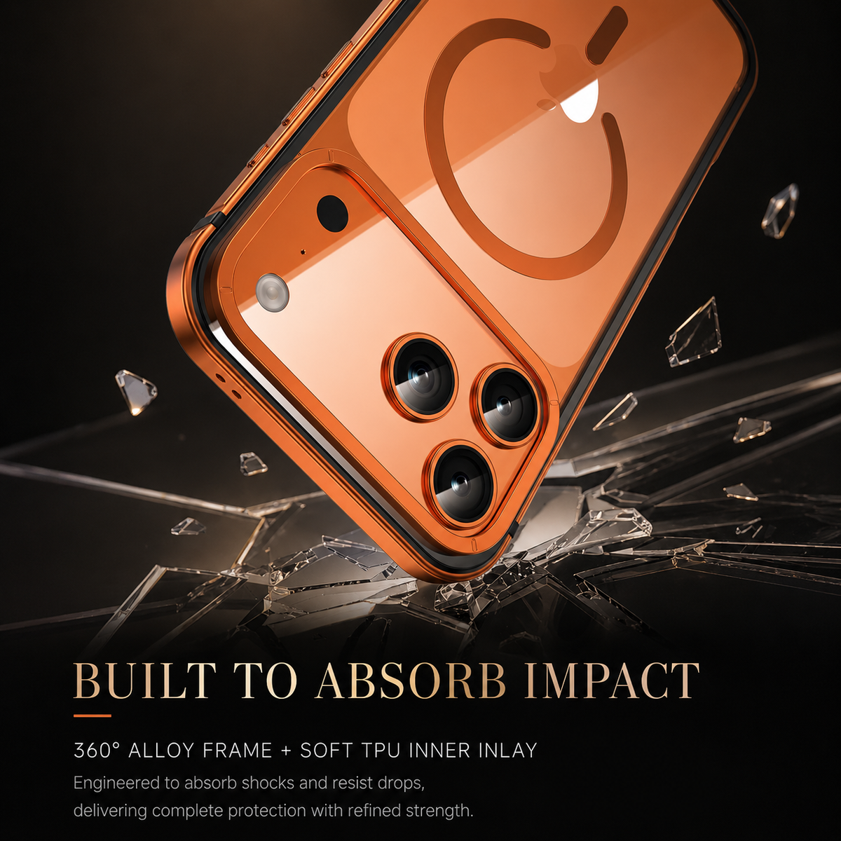 An orange clear-backed case is illustrated striking cracked glass. Text advertises an alloy frame with a soft TPU inner layer for impact absorption.