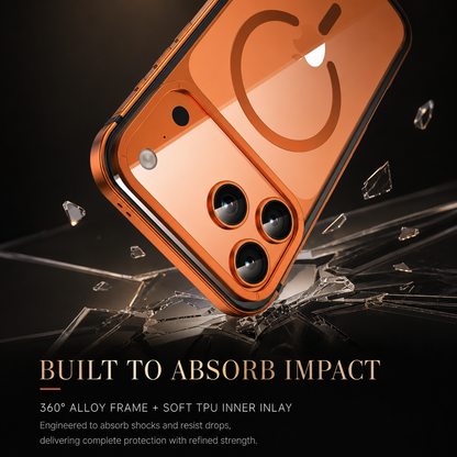 An orange clear-backed case is illustrated striking cracked glass. Text advertises an alloy frame with a soft TPU inner layer for impact absorption.