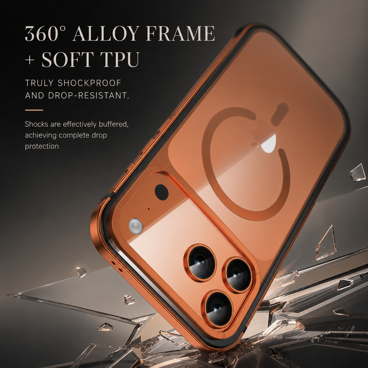 An orange clear-backed case is illustrated striking cracked glass. Text advertises a 360-degree alloy frame and soft TPU for shock and drop resistance.