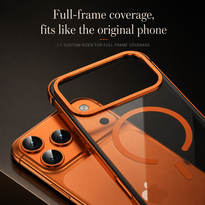 A transparent orange case overlaps its phone, showing a large camera opening and circular magnetic marking. Text advertises full-frame coverage and a precise fit.