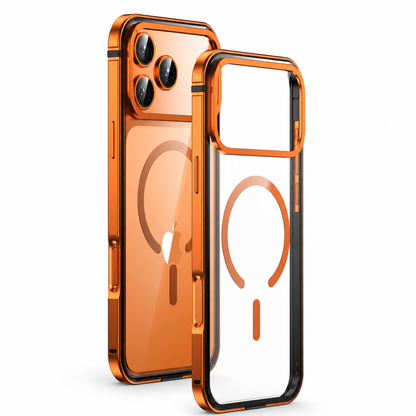 An orange phone in a clear-backed case stands beside an empty matching case on white. Orange trim outlines the frame and wide camera opening, with a circular magnetic marking on the back.