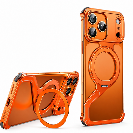 Two orange phones wear matching orange open-frame cases with circular rings. One stands upright with its ring flat; the other rests horizontally with the ring extended as a stand.