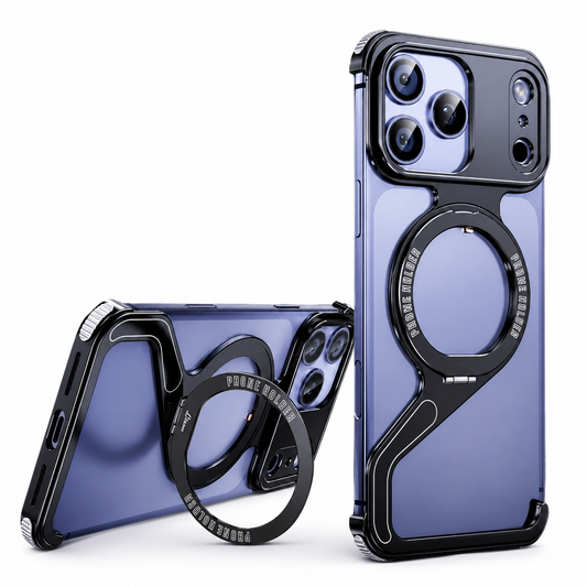 Two purple phones wear black open-frame cases with large circular rings. One stands upright with the ring folded flat; the other rests horizontally with its ring extended as a stand.
