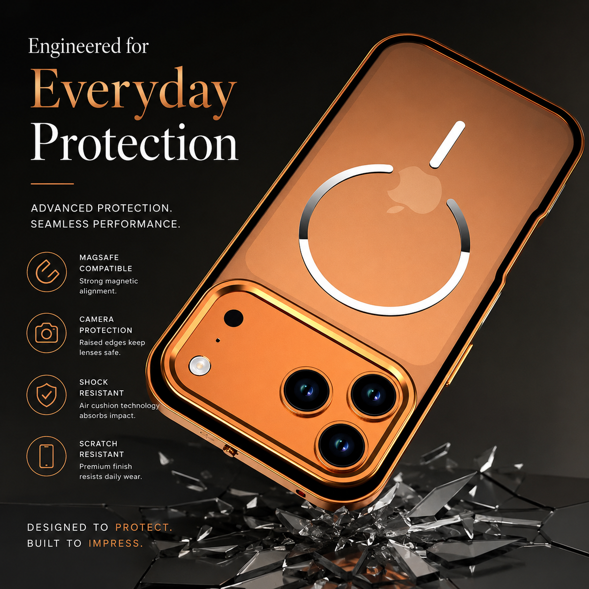 An orange magnetic-ring case tilts above a fractured dark surface. Text advertises camera protection, shock resistance and scratch resistance.