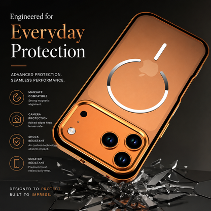 An orange magnetic-ring case tilts above a fractured dark surface. Text advertises camera protection, shock resistance and scratch resistance.